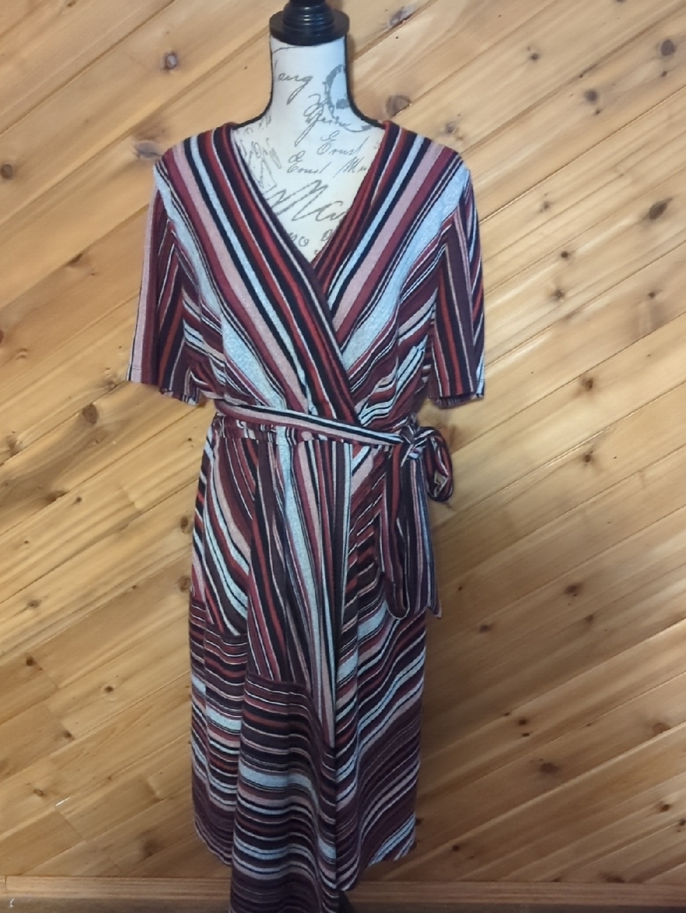 Lane Bryant Burgundy, White and Black Striped Midi Wrap Dress